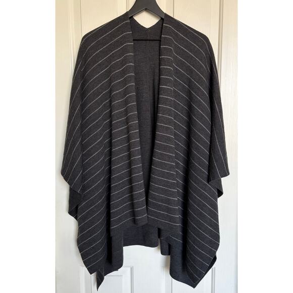 Eileen Fisher Womens OS Reversible Gray Striped Poncho Wrap Shawl Merino Wool - Picture 1 of 6